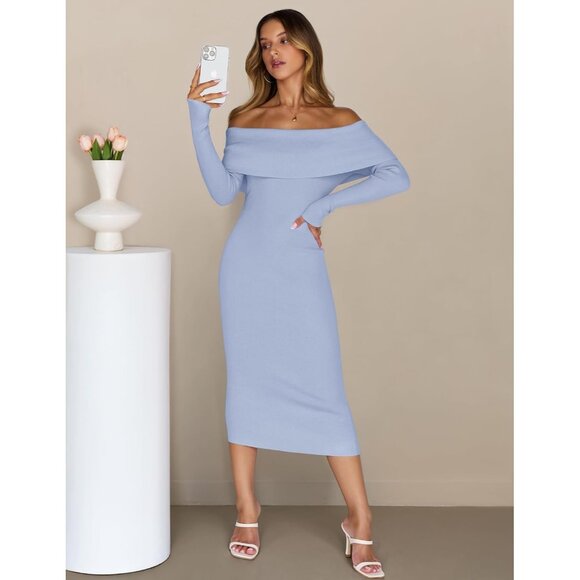 Merokeety Women's Blue Off Shoulder Long Sleeve Elegant Bodycon Midi Dress - Picture 7 of 9
